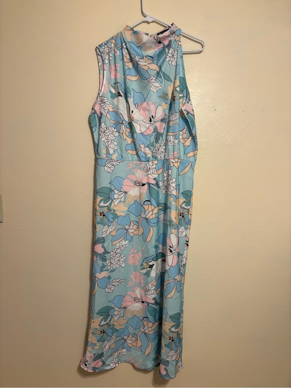 🌸 PrettyGarden Floral Midi Dress XL Blue Pink Sleeveless Mock Neck NWT